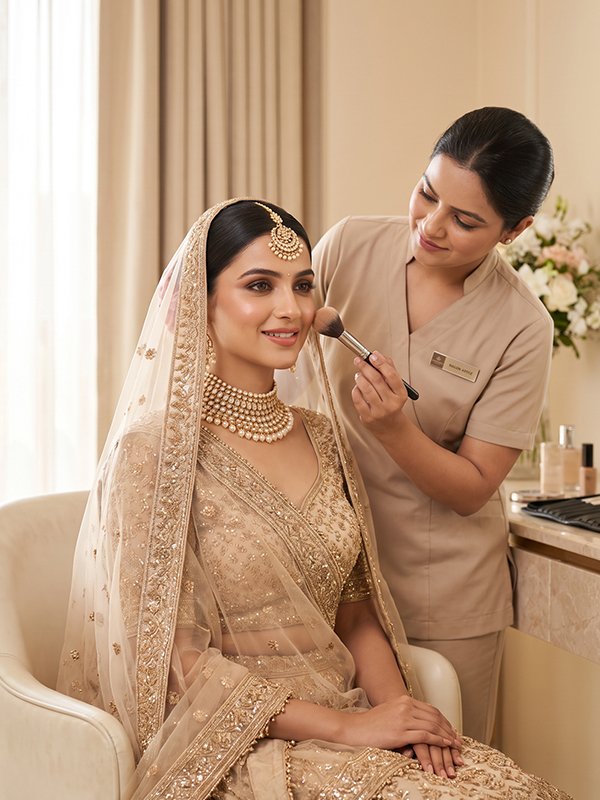 Couture bride with luminous makeup draped in champagne gold satin at S For Swag Kochi